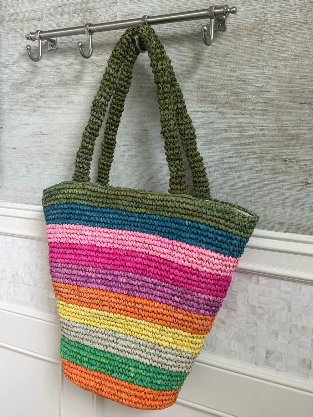 New anthropologie sunshine tienda Bermuda pool tote bag rainbow straw stripe